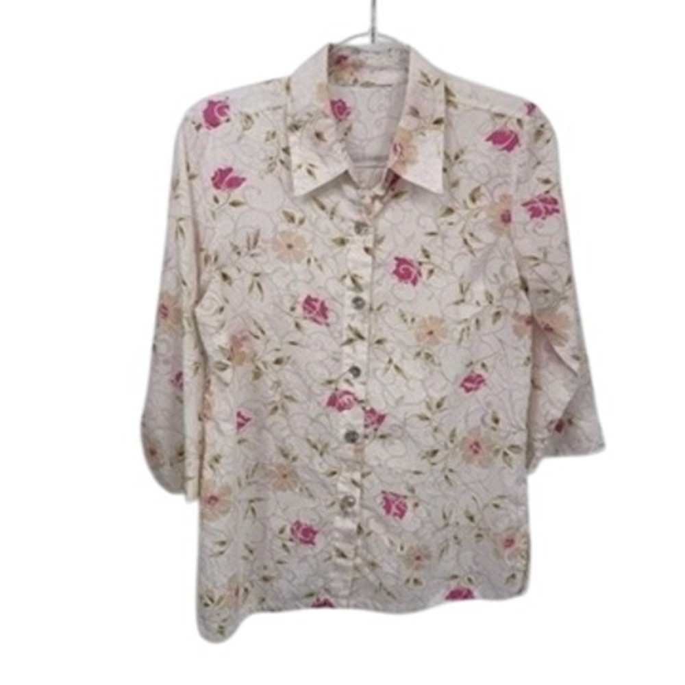 Romantic Dainty Floral Button Down Shirt 3/4 Sleeve White Mother Pearl Buttons M
